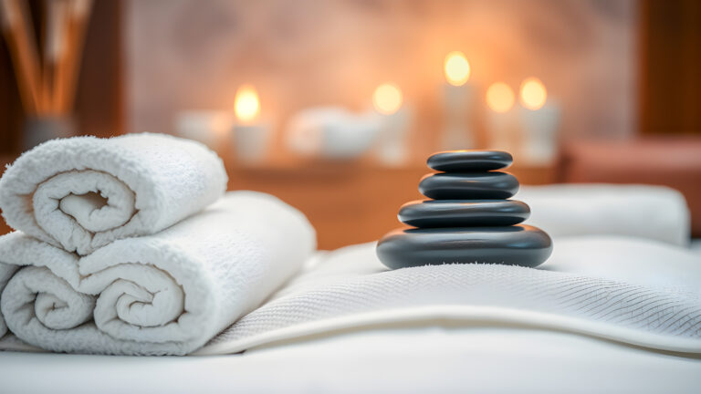 Spa stones and towels on massage table in a spa salon